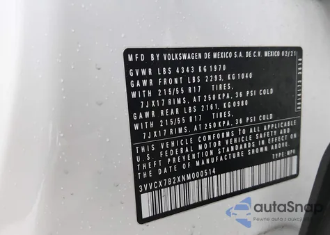 2022 Volkswagen Taos 1.5T S from USA, damaged, VIN 3VVCX7B2XNM000514